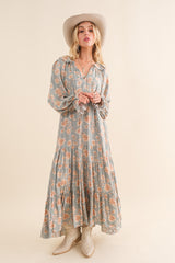 Light Olive Floral Ruffle Long Sleeve Tiered Maternity Maxi Dress