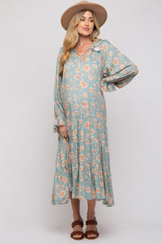 Light Olive Floral Ruffle Long Sleeve Tiered Maternity Maxi Dress