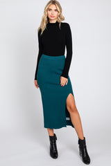 Teal Ribbed Knit Slit Maternity Midi Skirt