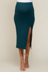 Teal Ribbed Knit Slit Maternity Midi Skirt