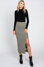 Mocha Ribbed Knit Slit Midi Skirt