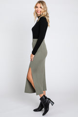 Mocha Ribbed Knit Slit Midi Skirt