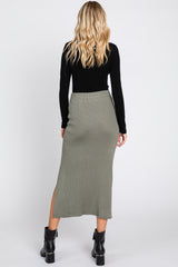 Mocha Ribbed Knit Slit Midi Skirt