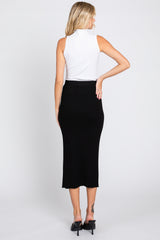 Black Ribbed Knit Slit Midi Skirt