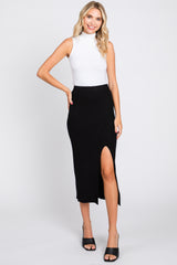 Black Ribbed Knit Slit Midi Skirt