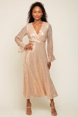 Gold Sequin Long Sleeve Wrap Maxi Dress