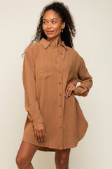 Camel Pinstriped Button-Down Linen Maternity Dress