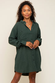 Forest Green Pinstriped Button-Down Linen Dress