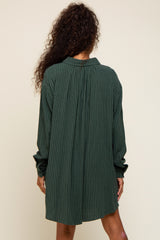 Forest Green Pinstriped Button-Down Linen Dress