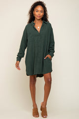 Forest Green Pinstriped Button-Down Linen Dress