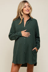 Forest Green Pinstriped Button-Down Linen Maternity Dress