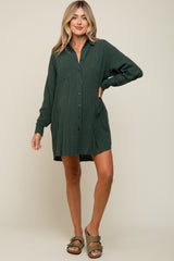 Forest Green Pinstriped Button-Down Linen Maternity Dress