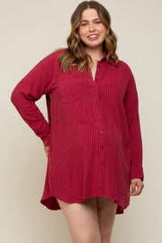 Burgundy Pinstriped Button-Down Linen Maternity Plus Dress