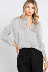 Grey Striped Button Up Long Sleeve Top