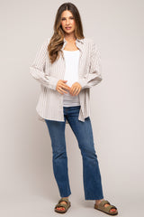 Grey Striped Button Up Long Sleeve Maternity Top