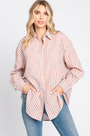 Mauve Striped Button Up Long Sleeve Top