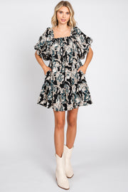 Black Floral Puff Sleeve Dress