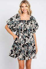 Black Floral Puff Sleeve Dress