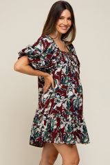 Burgundy Floral Puff Sleeve Maternity Dress