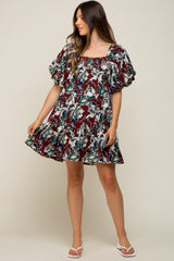 Burgundy Floral Puff Sleeve Maternity Dress