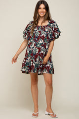 Burgundy Floral Puff Sleeve Maternity Dress