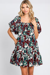 Burgundy Floral Puff Sleeve Maternity Dress