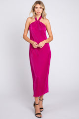 Magenta Knot Front Plisse Halter Maternity Midi Dress