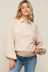 Beige Collared Button Maternity Pullover