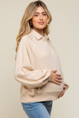 Beige Collared Button Maternity Pullover