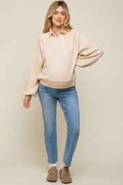 Beige Collared Button Maternity Pullover