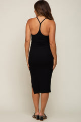 Black Sleeveless Ribbed Slit Maternity Midi Dress