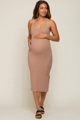 Taupe Sleeveless Ribbed Slit Maternity Midi Dress