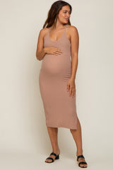 Taupe Sleeveless Ribbed Slit Maternity Midi Dress