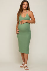 Sage Sleeveless Ribbed Slit Maternity Midi Dress