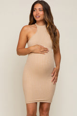 Beige Textured Knit Halter Fitted Maternity Dress