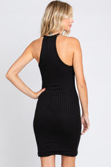 Black Textured Knit Halter Fitted Dress