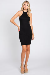 Black Textured Knit Halter Fitted Dress