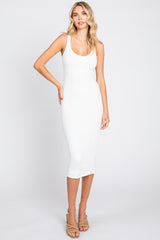 White Textured Knit Sleeveless Midi Dress