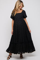 Black Floral Chiffon Smocked Square Neck Maternity Maxi Dress