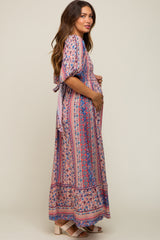 Blue Floral Smocked Short Sleeve Maternity Maxi Dress