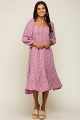 Magenta Striped 3/4 Cinched Sleeve Tiered Midi Dress