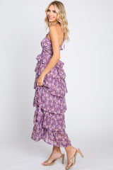 Purple Smocked Ruffle Tiered Halter Midi Dress