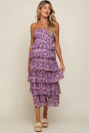 Purple Smocked Ruffle Tiered Halter Maternity Midi Dress