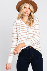 Taupe Striped V-Neck Collared Sweater