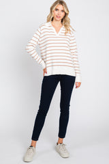 Taupe Striped V-Neck Collared Sweater