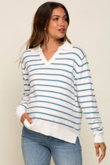 Blue Striped V-Neck Collared Maternity Sweater