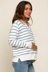 Blue Striped V-Neck Collared Maternity Sweater