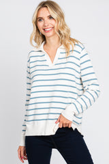 Blue Striped V-Neck Collared Maternity Sweater