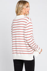 Rust Striped V-Neck Collared Sweater