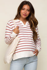 Rust Striped V-Neck Collared Maternity Sweater